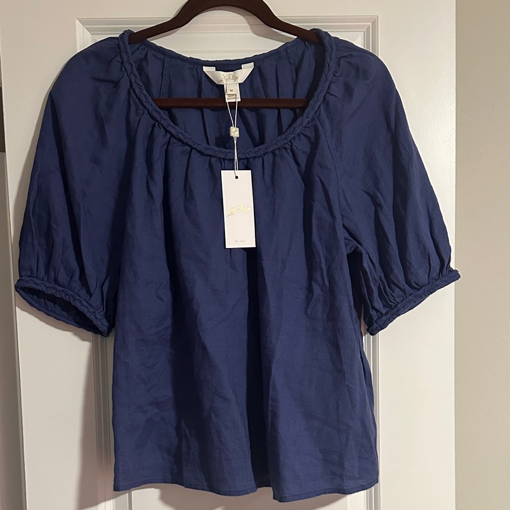Lilly Pulitzer Indigo Blue Braided-Neck Peasant Top